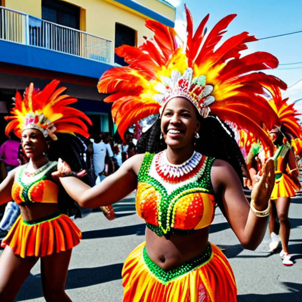 A vibrant outdoor scene capturing the essence of the Jamaica Carnival parade in Kingston. Diverse participants are joyfully dancing in the street, adorned in elaborate, full-coverage, professional-grade carnival costumes. These costumes are richly detailed with colorful feathers, sparkling beads, and shimmering fabrics, ensuring all subjects are fully clothed in modest and appropriate attire. Bright sunlight illuminates the festive scene, with glimpses of colorful musical floats and a large, unified crowd in the background, conveying immense energy and cultural celebration. The image should reflect professional photography standards with high-resolution detail, perfect anatomy, correct proportions, a natural pose, well-formed hands, proper finger count, and natural body proportions. This content is safe for work, appropriate content, and family-friendly.
