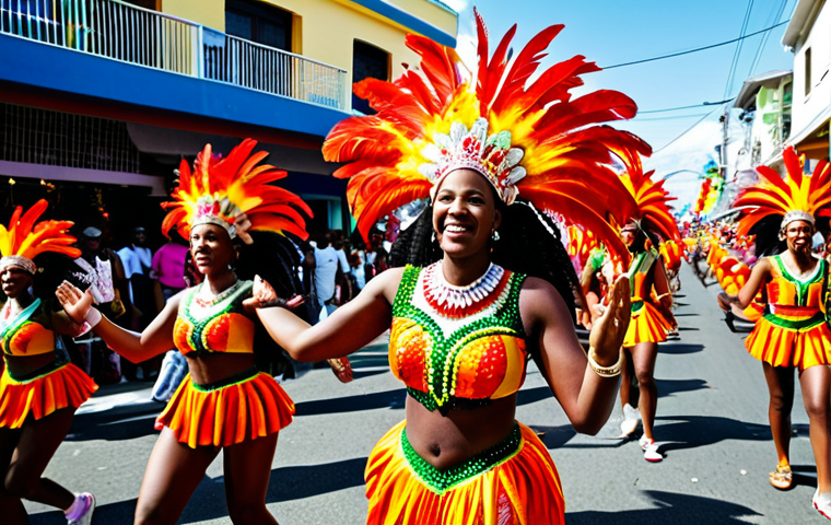 A vibrant outdoor scene capturing the essence of the Jamaica Carnival parade in Kingston. Diverse participants are joyfully dancing in the street, adorned in elaborate, full-coverage, professional-grade carnival costumes. These costumes are richly detailed with colorful feathers, sparkling beads, and shimmering fabrics, ensuring all subjects are fully clothed in modest and appropriate attire. Bright sunlight illuminates the festive scene, with glimpses of colorful musical floats and a large, unified crowd in the background, conveying immense energy and cultural celebration. The image should reflect professional photography standards with high-resolution detail, perfect anatomy, correct proportions, a natural pose, well-formed hands, proper finger count, and natural body proportions. This content is safe for work, appropriate content, and family-friendly.