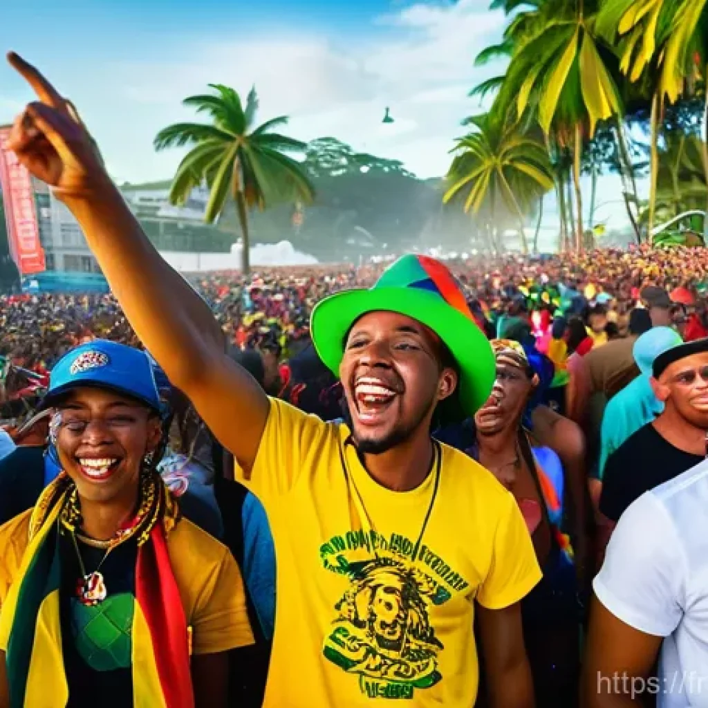 자메이카 음악 페스티벌 일정 - A vibrant outdoor reggae music festival scene in Montego Bay, Jamaica, during a sunny day. A diverse...
