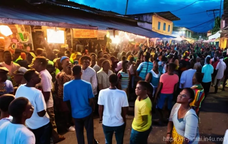 자메이카 음악 페스티벌 일정 - A vibrant outdoor reggae music festival scene in Montego Bay, Jamaica, during a sunny day. A diverse...