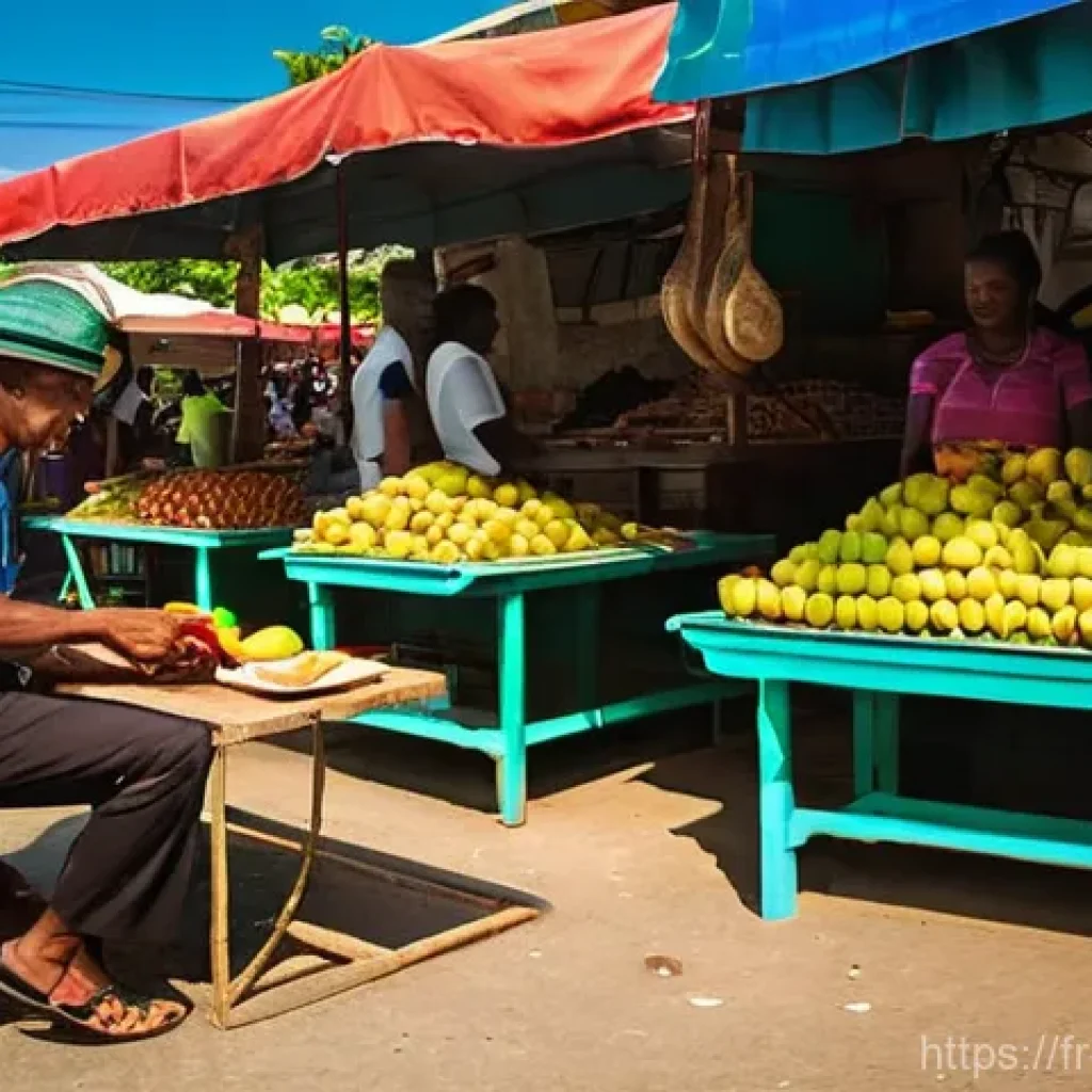 자메이카에서 외국인 노동자 생활 - **Vibrant Jamaican Market Scene:**
    A bustling and colorful outdoor market in a lively Jamaican t...