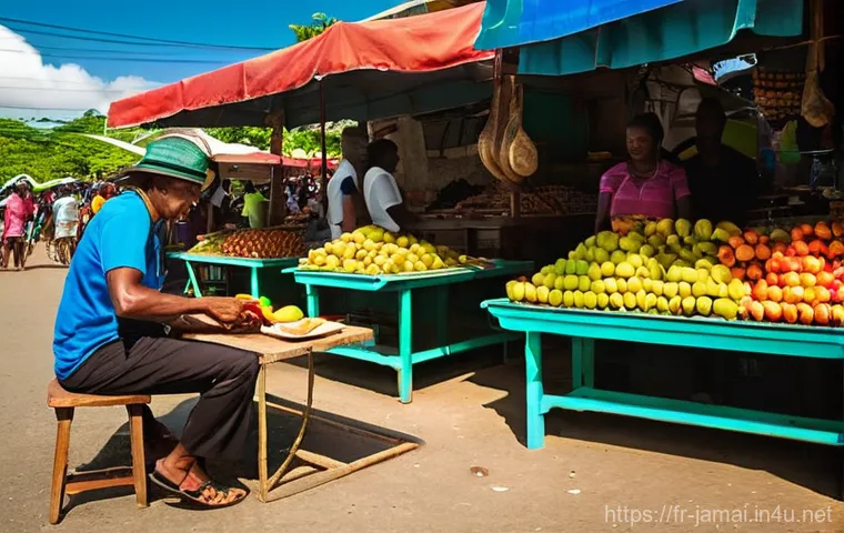 자메이카에서 외국인 노동자 생활 - **Vibrant Jamaican Market Scene:**
    A bustling and colorful outdoor market in a lively Jamaican t...