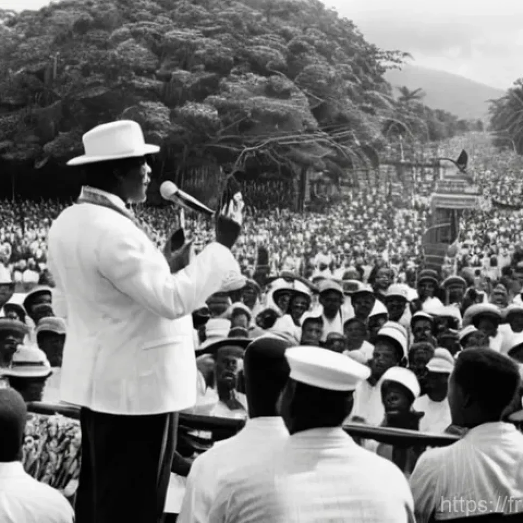 자메이카의 대표적인 정치 인물 - **A dynamic historical scene depicting a charismatic Jamaican leader (resembling Norman Manley or Al...