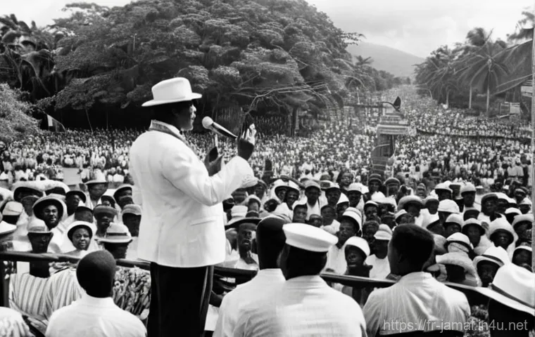 자메이카의 대표적인 정치 인물 - **A dynamic historical scene depicting a charismatic Jamaican leader (resembling Norman Manley or Al...