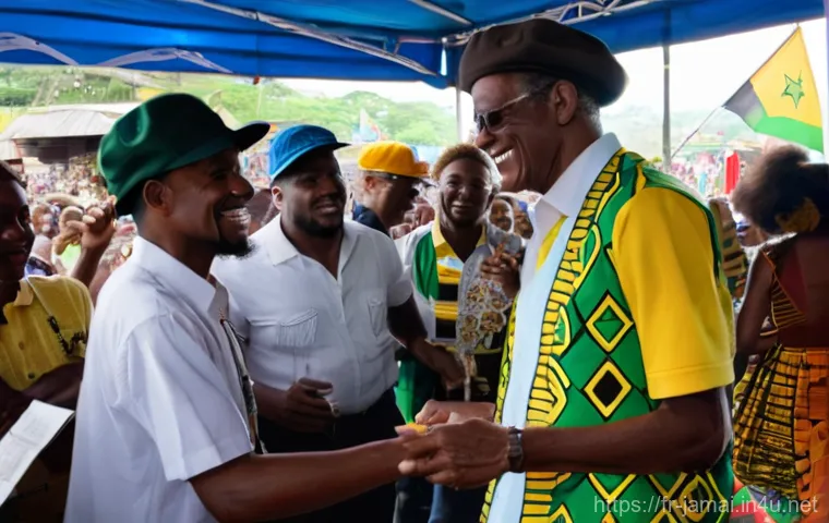 자메이카의 대표적인 정치 인물 - **A dynamic historical scene depicting a charismatic Jamaican leader (resembling Norman Manley or Al...