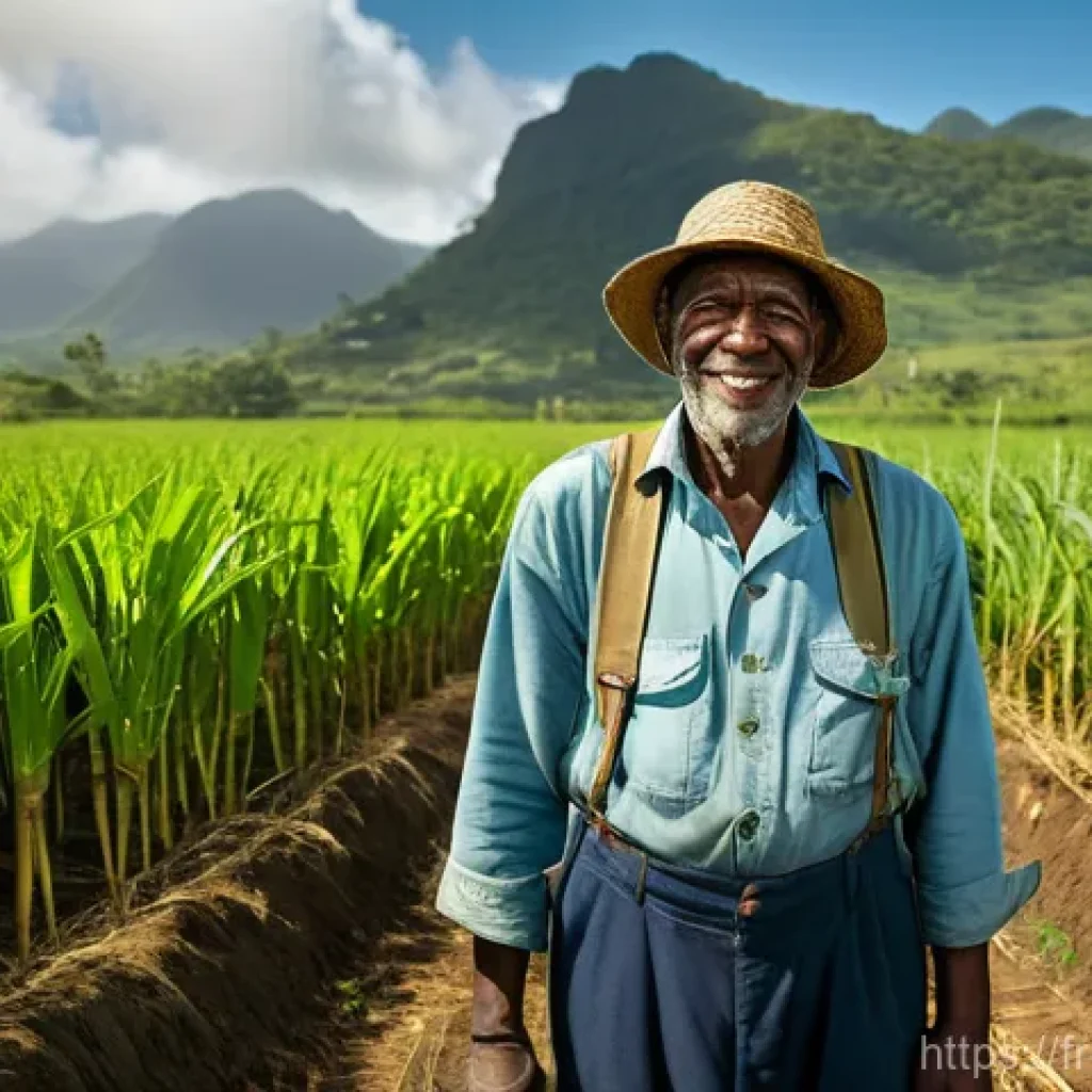 자메이카 농업과 주요 작물 - A wide-angle, vibrant photograph capturing a resilient Jamaican farmer, with hands weathered by sun ...