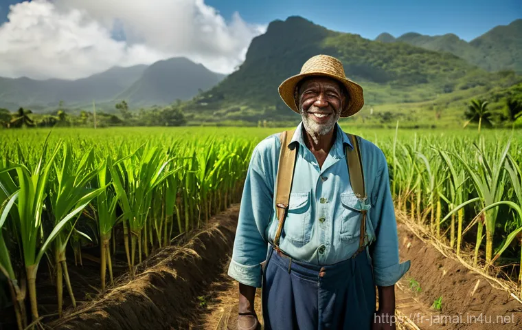 자메이카 농업과 주요 작물 - A wide-angle, vibrant photograph capturing a resilient Jamaican farmer, with hands weathered by sun ...