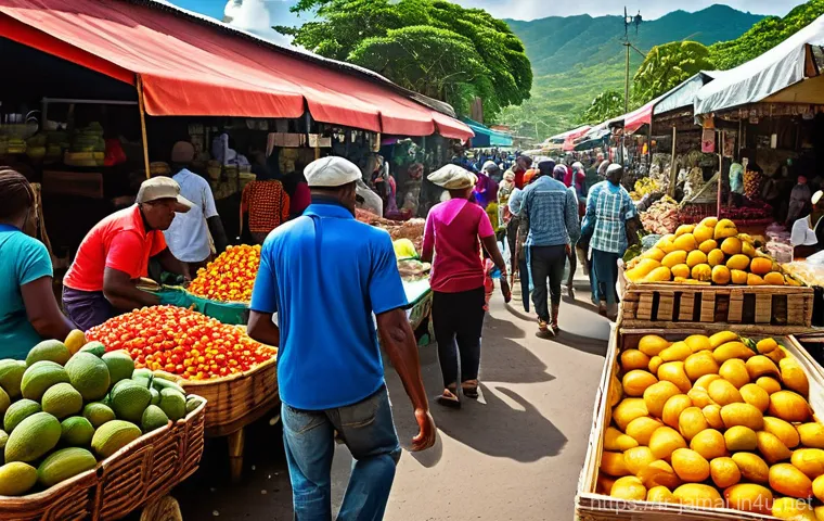 자메이카 농업과 주요 작물 - A wide-angle, vibrant photograph capturing a resilient Jamaican farmer, with hands weathered by sun ...