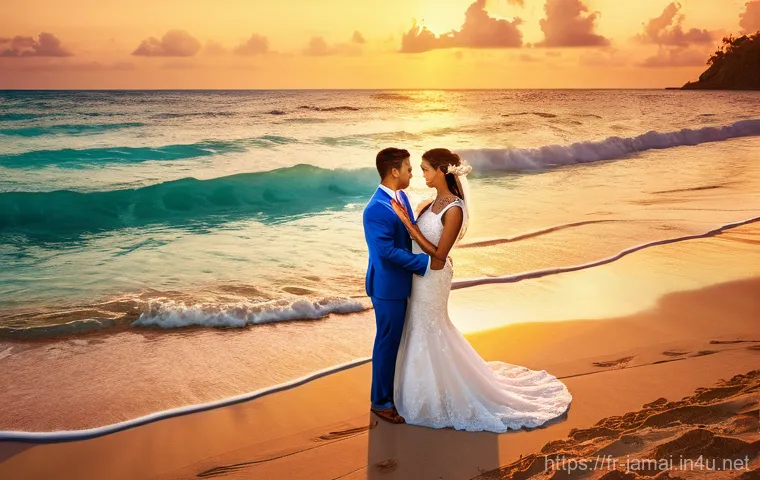 자메이카에서의 해변 결혼식 - Here are three image prompts in English, adhering to all the specified guidelines: