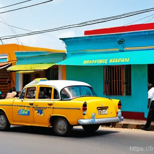 자메이카 도로 교통과 대중교통 - **Prompt 1: Authentic Jamaican Route Taxi Experience**
    A vibrant, sun-drenched scene inside a sl...