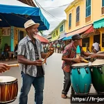 자메이카와 도미니카공화국 비교 - **Vibrant Jamaican Market and Reggae Rhythms:** A lively and colorful outdoor market scene in Kingst...