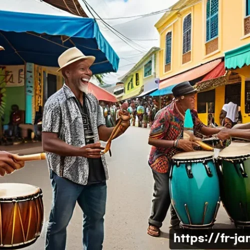 자메이카와 도미니카공화국 비교 - **Vibrant Jamaican Market and Reggae Rhythms:** A lively and colorful outdoor market scene in Kingst...