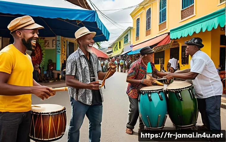 자메이카와 도미니카공화국 비교 - **Vibrant Jamaican Market and Reggae Rhythms:** A lively and colorful outdoor market scene in Kingst...