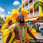 자메이카 기후와 여행 적기 - A vibrant street scene during Jamaica’s April Carnival, featuring colorful costumes with feathers an...