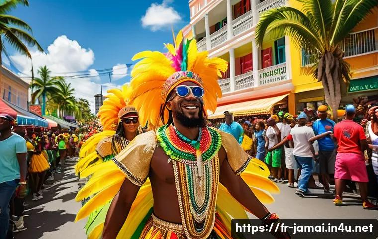 자메이카 기후와 여행 적기 - A vibrant street scene during Jamaica’s April Carnival, featuring colorful costumes with feathers an...