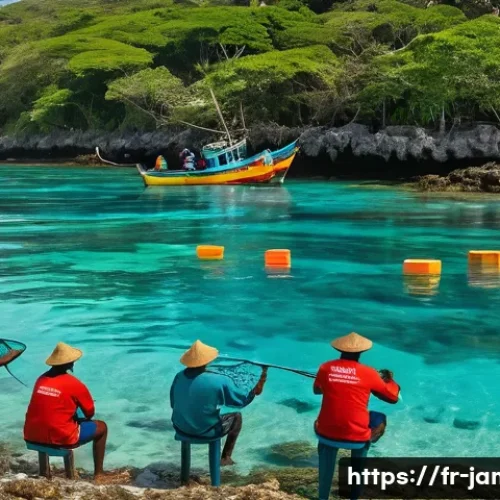 자메이카 해양 보호 정책 - A vibrant coastal scene in Jamaica showing local fishermen wearing protective clothing and hats, eng...