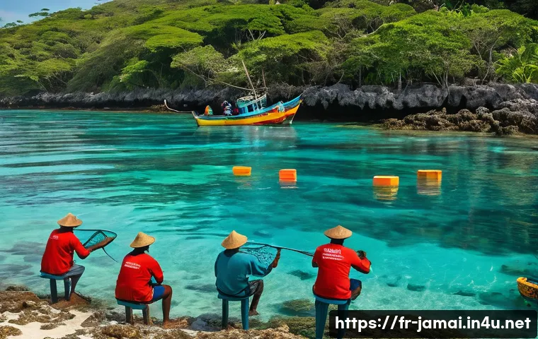 자메이카 해양 보호 정책 - A vibrant coastal scene in Jamaica showing local fishermen wearing protective clothing and hats, eng...