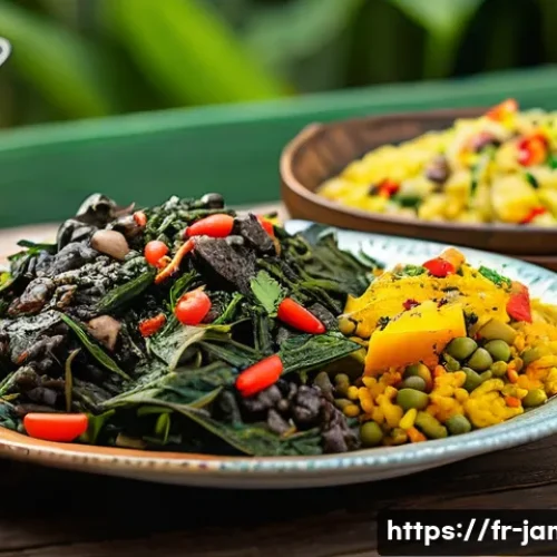 자메이카에서의 채식주의 식단 - A vibrant Jamaican vegetarian feast spread on a rustic wooden table outdoors, featuring a steaming b...