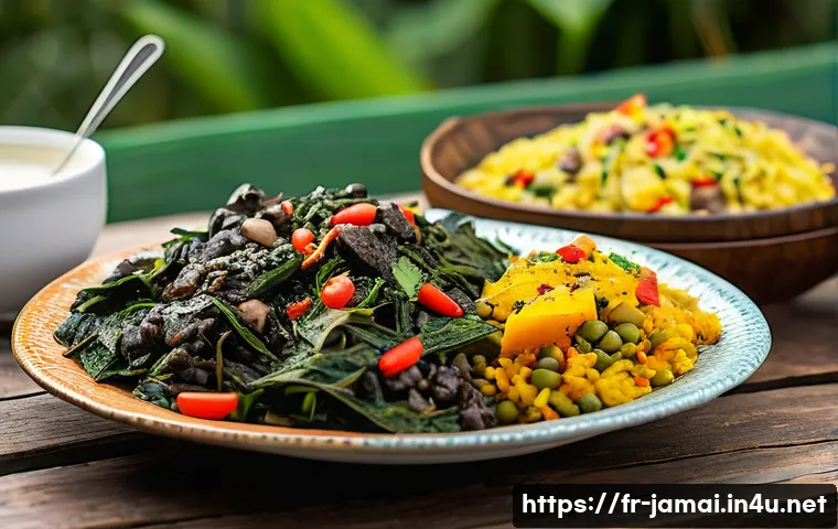 자메이카에서의 채식주의 식단 - A vibrant Jamaican vegetarian feast spread on a rustic wooden table outdoors, featuring a steaming b...