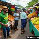 자메이카 여행시 주의할 점 - A vibrant Jamaican street market scene during daytime, featuring friendly local vendors and visitors...