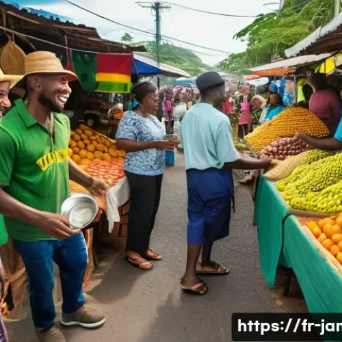 자메이카 여행시 주의할 점 - A vibrant Jamaican street market scene during daytime, featuring friendly local vendors and visitors...