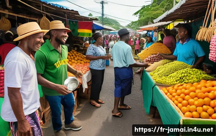 자메이카 여행시 주의할 점 - A vibrant Jamaican street market scene during daytime, featuring friendly local vendors and visitors...