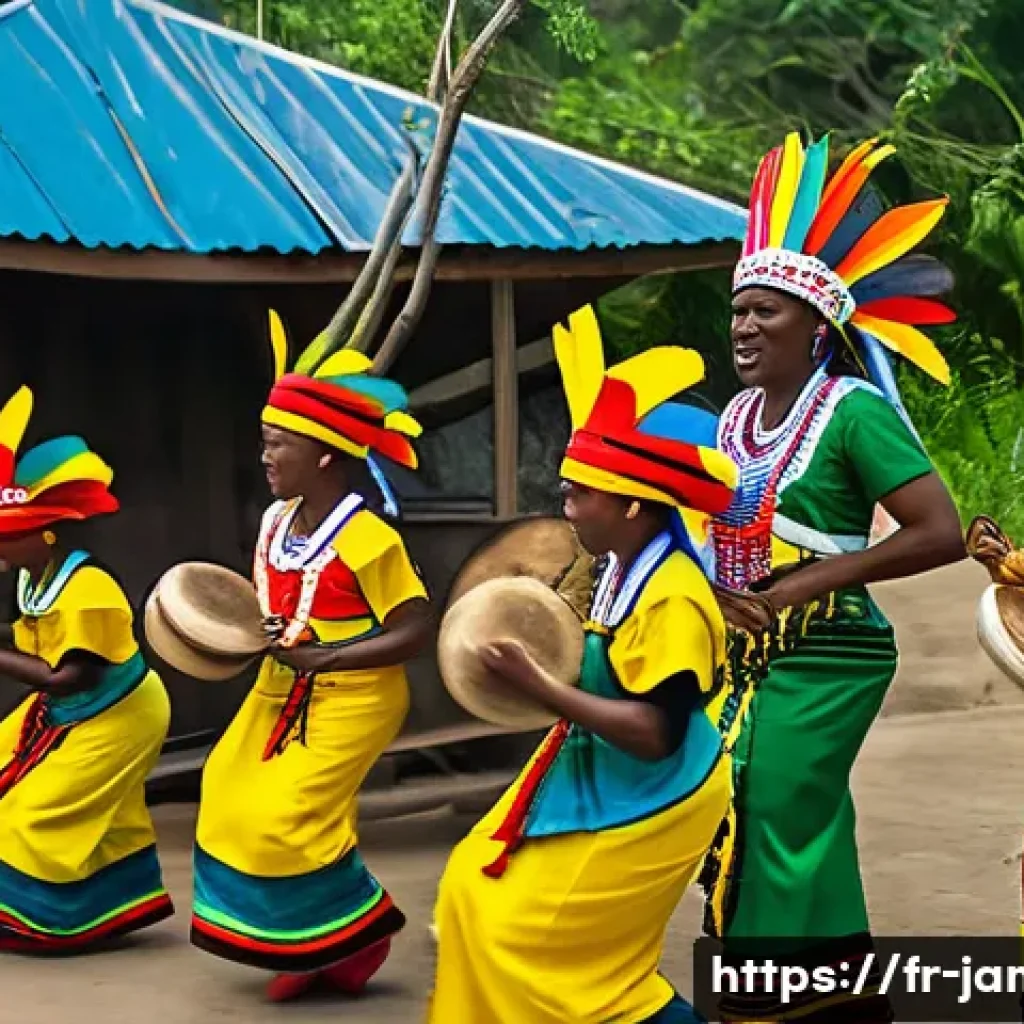 자메이카 민속춤과 의상 - A vibrant scene of traditional Jamaican Kumina dance during a spiritual ceremony, featuring dancers ...