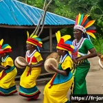 자메이카 민속춤과 의상 - A vibrant scene of traditional Jamaican Kumina dance during a spiritual ceremony, featuring dancers ...