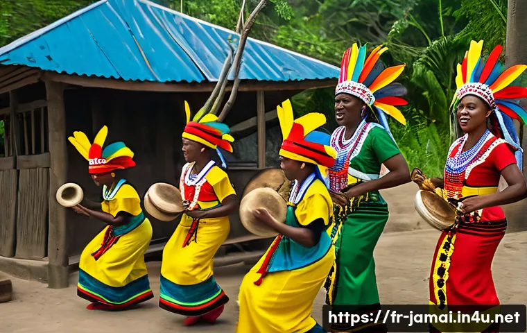 자메이카 민속춤과 의상 - A vibrant scene of traditional Jamaican Kumina dance during a spiritual ceremony, featuring dancers ...