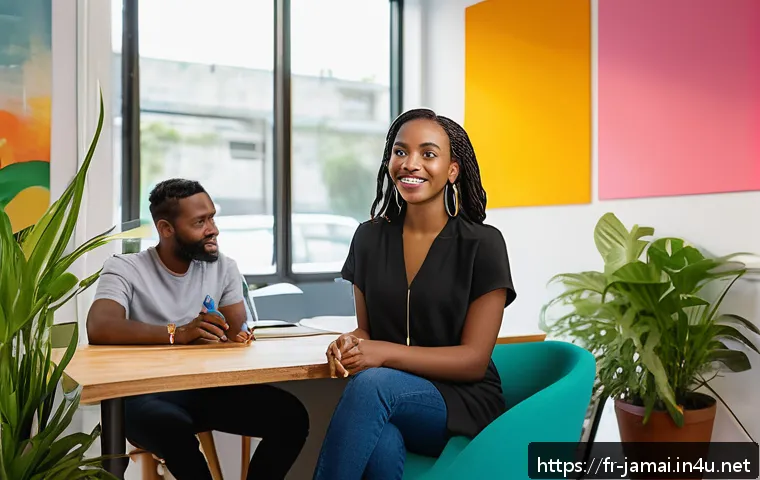 자메이카에서 일자리 찾기 - A vibrant Jamaican coworking space filled with diverse professionals collaborating on technology and...