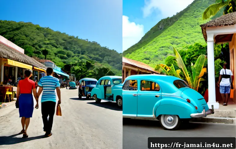 자메이카와 쿠바 비교 - Photorealistic split-scene travel comparison, left side Jamaica with a sunlit tropical beach, turquo...
