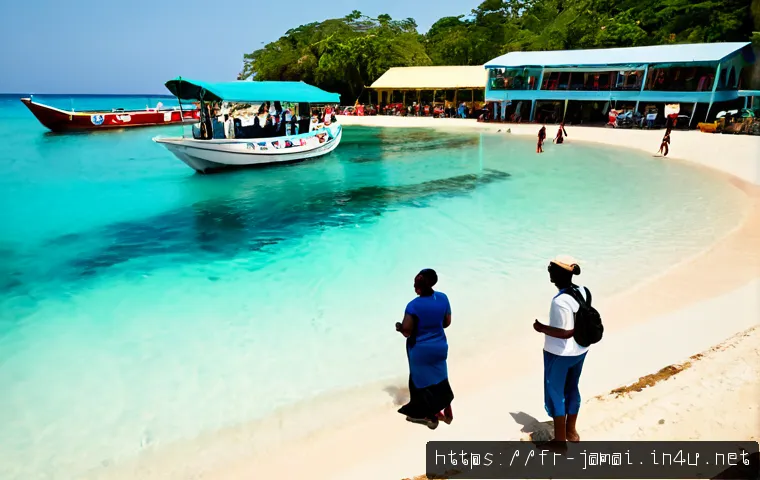 자메이카 경제 구조 - Photorealistic wide-angle view of Jamaica’s tourism economy, a sunlit Caribbean beach beside a moder...