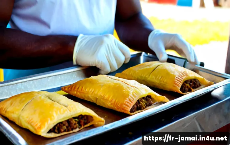 자메이카에서 자주 먹는 길거리 음식 - Photorealistic Jamaican street food stall in Kingston, close-up of a paper-lined tray with crispy go...