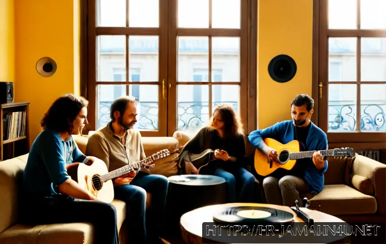 밥 말리 음악과 영향 - Photorealistic intimate Paris apartment listening scene, a diverse group of French friends spanning ...